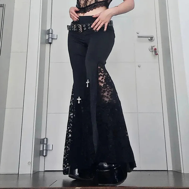 Nyx Flare Pants — Gothic Lace Patchwork High-Waist Y2K