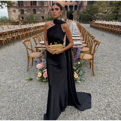 Solstice Gown — Satin Halter Backless Maxi Dress with Scarf