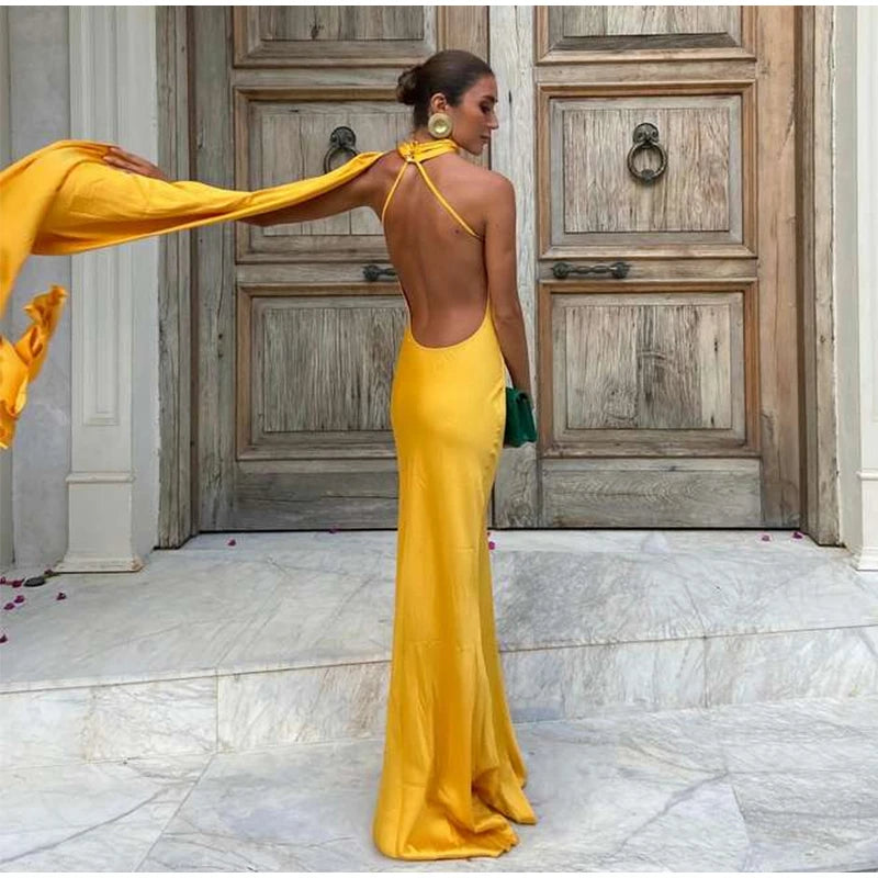 Solstice Gown — Satin Halter Backless Maxi Dress with Scarf