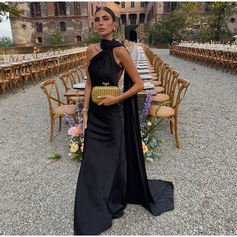 Solstice Gown — Satin Halter Backless Maxi Dress with Scarf