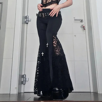 Nyx Flare Pants — Gothic Lace Patchwork High-Waist Y2K