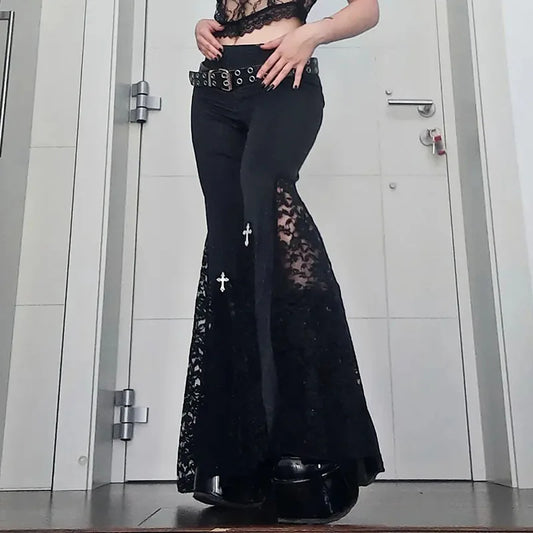 Nyx Flare Pants — Gothic Lace Patchwork High-Waist Y2K