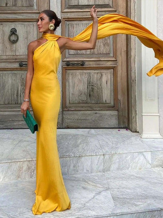 Solstice Gown — Satin Halter Backless Maxi Dress with Scarf