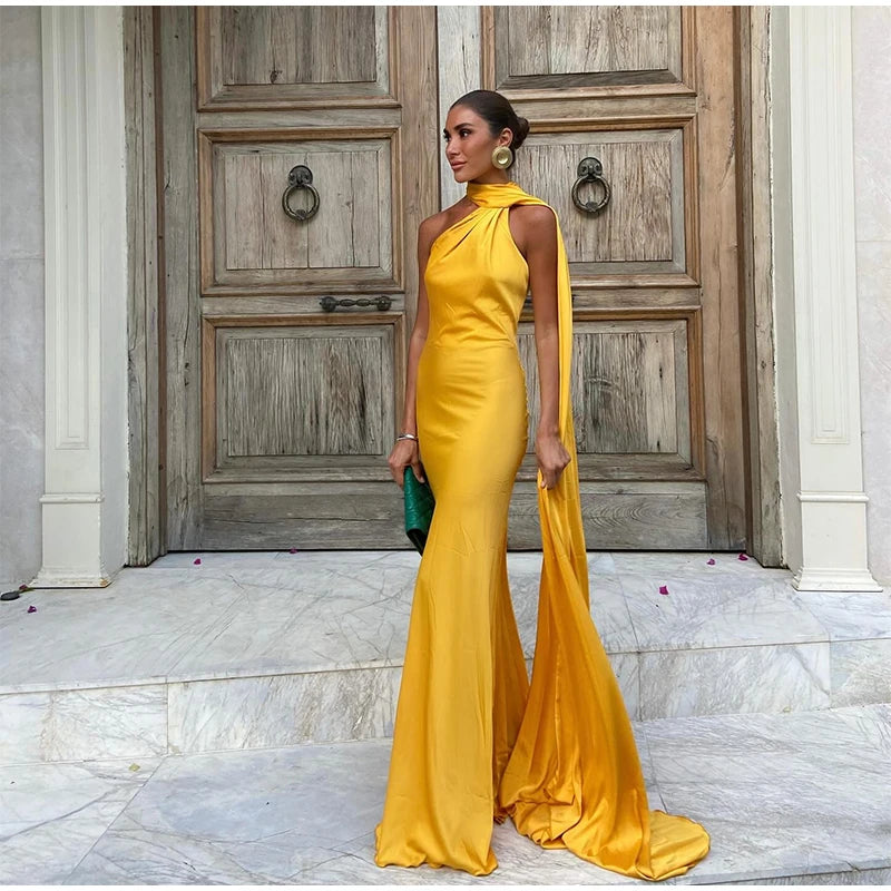 Solstice Gown — Satin Halter Backless Maxi Dress with Scarf