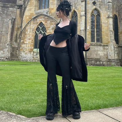 Nyx Flare Pants — Gothic Lace Patchwork High-Waist Y2K