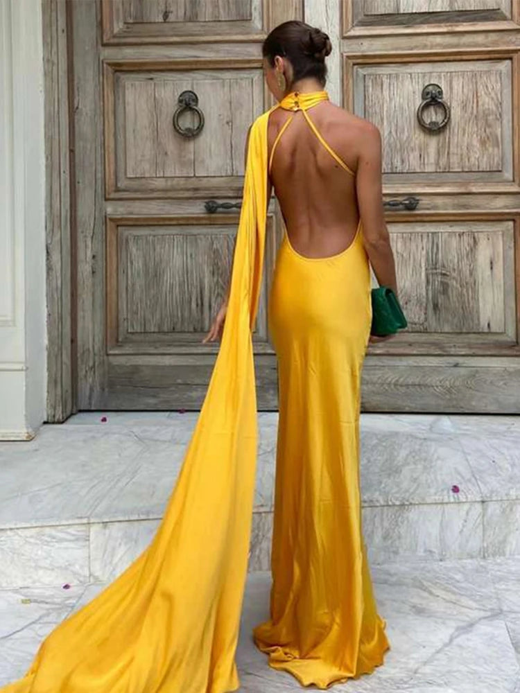 Solstice Gown — Satin Halter Backless Maxi Dress with Scarf