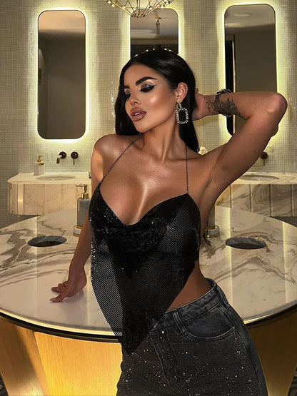 Aurora Metallic Chain Sequin Crop — Backless Rave Top