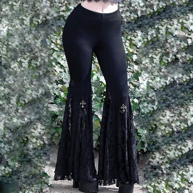 Nyx Flare Pants — Gothic Lace Patchwork High-Waist Y2K