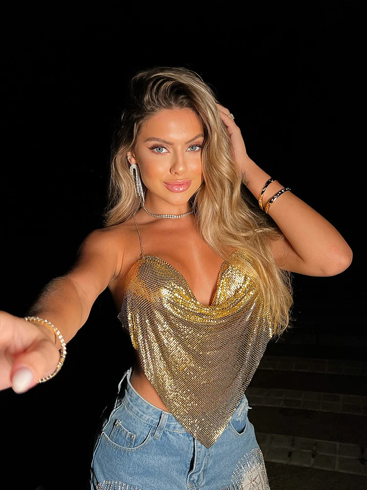 Aurora Metallic Chain Sequin Crop — Backless Rave Top