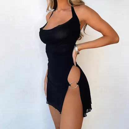 Lyra Halter Mini Dress — Y2K Backless Split A-Line
