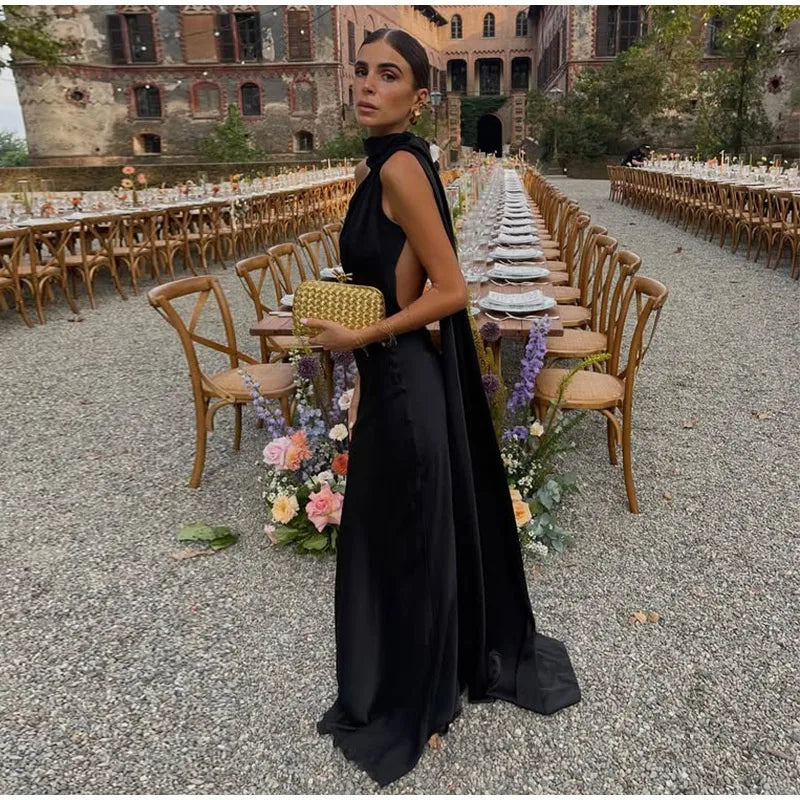 Solstice Gown — Satin Halter Backless Maxi Dress with Scarf