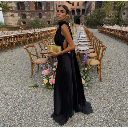 Solstice Gown — Satin Halter Backless Maxi Dress with Scarf
